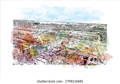 Building view with landmark of Alphen aan den Rijn is a city and municipality in the western Netherlands. Watercolor splash with hand drawn sketch illustration in vector.