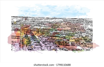 Building view with landmark of Alphen aan den Rijn is a city and municipality in the western Netherlands. Watercolor splash with hand drawn sketch illustration in vector.