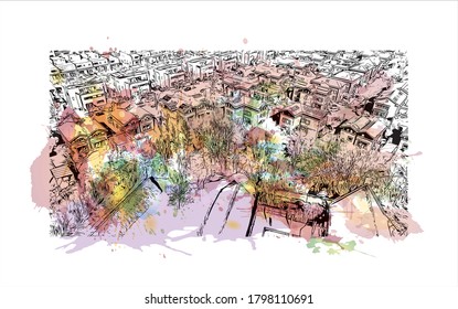 Building view with landmark of Alphen aan den Rijn is a city and municipality in the western Netherlands. Watercolor splash with hand drawn sketch illustration in vector.