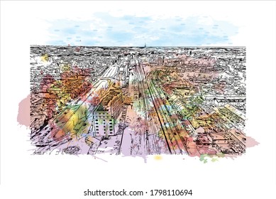 Building view with landmark of Alphen aan den Rijn is a city and municipality in the western Netherlands. Watercolor splash with hand drawn sketch illustration in vector.