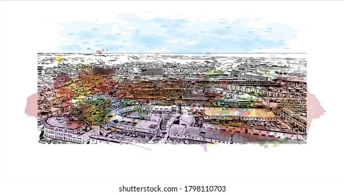 Building view with landmark of Alphen aan den Rijn is a city and municipality in the western Netherlands. Watercolor splash with hand drawn sketch illustration in vector.