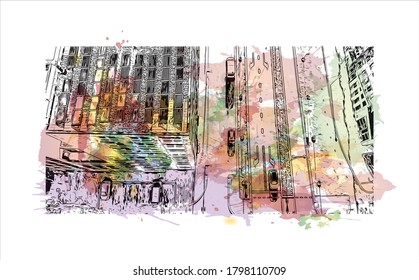 Building view with landmark of Alphen aan den Rijn is a city and municipality in the western Netherlands. Watercolor splash with hand drawn sketch illustration in vector.