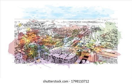 Building view with landmark of Alphen aan den Rijn is a city and municipality in the western Netherlands. Watercolor splash with hand drawn sketch illustration in vector.