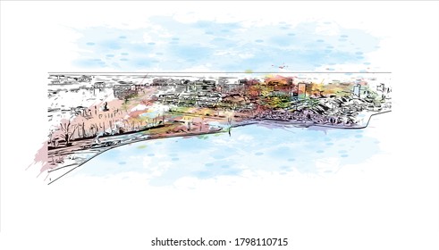 Building view with landmark of Alphen aan den Rijn is a city and municipality in the western Netherlands. Watercolor splash with hand drawn sketch illustration in vector.