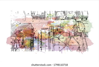 Building view with landmark of Alphen aan den Rijn is a city and municipality in the western Netherlands. Watercolor splash with hand drawn sketch illustration in vector.