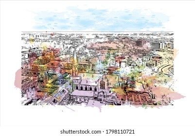 Building view with landmark of Alphen aan den Rijn is a city and municipality in the western Netherlands. Watercolor splash with hand drawn sketch illustration in vector.