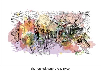 Building view with landmark of Alphen aan den Rijn is a city and municipality in the western Netherlands. Watercolor splash with hand drawn sketch illustration in vector.