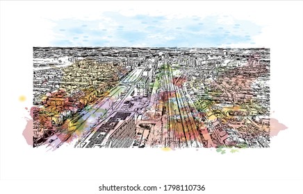 Building view with landmark of Alphen aan den Rijn is a city and municipality in the western Netherlands. Watercolor splash with hand drawn sketch illustration in vector.