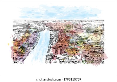 Building view with landmark of Alphen aan den Rijn is a city and municipality in the western Netherlands. Watercolor splash with hand drawn sketch illustration in vector.