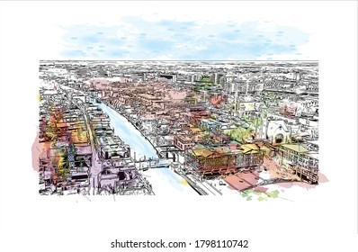 Building view with landmark of Alphen aan den Rijn is a city and municipality in the western Netherlands. Watercolor splash with hand drawn sketch illustration in vector.