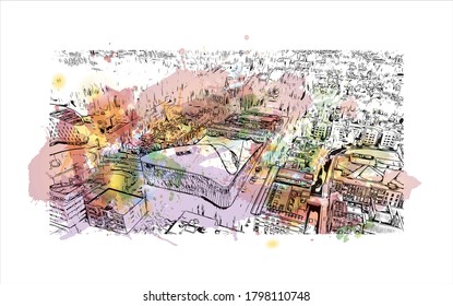 Building view with landmark of Alphen aan den Rijn is a city and municipality in the western Netherlands. Watercolor splash with hand drawn sketch illustration in vector.