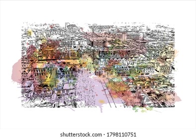 Building view with landmark of Alphen aan den Rijn is a city and municipality in the western Netherlands. Watercolor splash with hand drawn sketch illustration in vector.