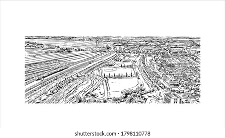 Building view with landmark of Alphen aan den Rijn is a city and municipality in the western Netherlands. Hand drawn sketch illustration in vector.