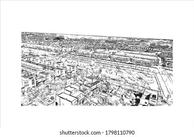 Building view with landmark of Alphen aan den Rijn is a city and municipality in the western Netherlands. Hand drawn sketch illustration in vector.