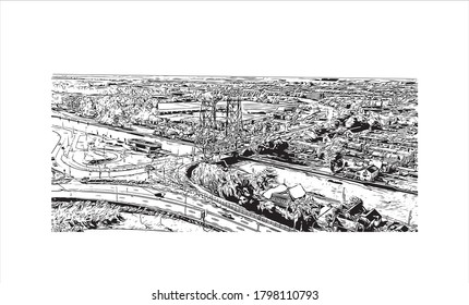 Building view with landmark of Alphen aan den Rijn is a city and municipality in the western Netherlands. Hand drawn sketch illustration in vector.