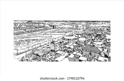 Building view with landmark of Alphen aan den Rijn is a city and municipality in the western Netherlands. Hand drawn sketch illustration in vector.