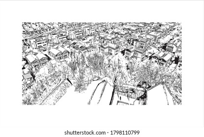 Building view with landmark of Alphen aan den Rijn is a city and municipality in the western Netherlands. Hand drawn sketch illustration in vector.