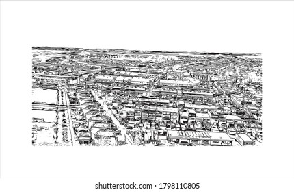 Building view with landmark of Alphen aan den Rijn is a city and municipality in the western Netherlands. Hand drawn sketch illustration in vector.