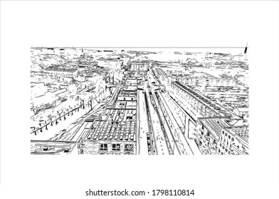 Building view with landmark of Alphen aan den Rijn is a city and municipality in the western Netherlands. Hand drawn sketch illustration in vector.