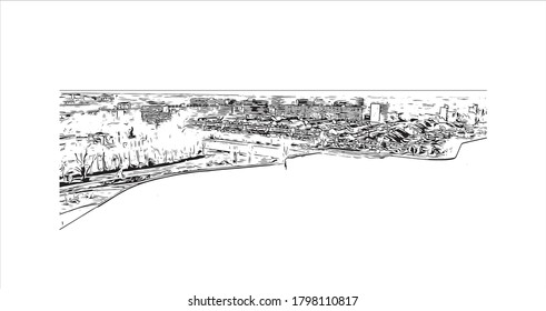 Building view with landmark of Alphen aan den Rijn is a city and municipality in the western Netherlands. Hand drawn sketch illustration in vector.