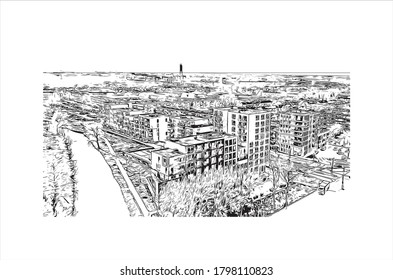 Building view with landmark of Alphen aan den Rijn is a city and municipality in the western Netherlands. Hand drawn sketch illustration in vector.