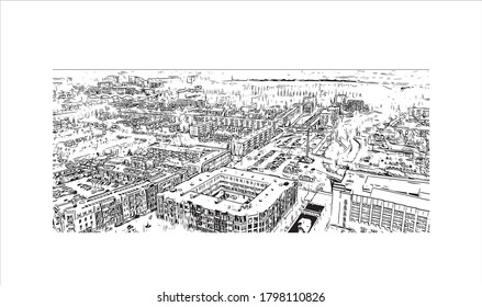 Building view with landmark of Alphen aan den Rijn is a city and municipality in the western Netherlands. Hand drawn sketch illustration in vector.