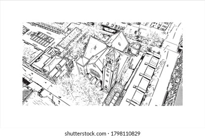 Building view with landmark of Alphen aan den Rijn is a city and municipality in the western Netherlands. Hand drawn sketch illustration in vector.