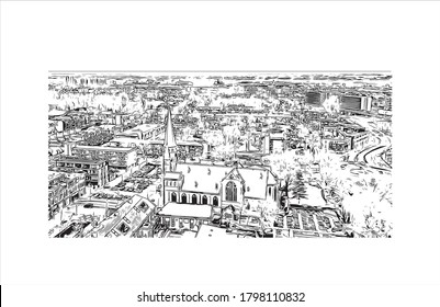 Building view with landmark of Alphen aan den Rijn is a city and municipality in the western Netherlands. Hand drawn sketch illustration in vector.