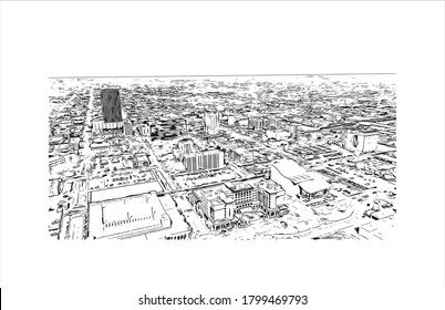 Building view with landmark of Amarillo is a city in the Texas Panhandle. Hand drawn sketch illustration in vector.