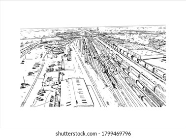 Building view with landmark of Amarillo is a city in the Texas Panhandle. Hand drawn sketch illustration in vector.