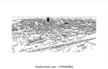 Building view with landmark of Amarillo is a city in the Texas Panhandle. Hand drawn sketch illustration in vector.