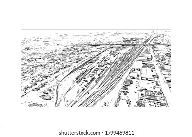 Building view with landmark of Amarillo is a city in the Texas Panhandle. Hand drawn sketch illustration in vector.