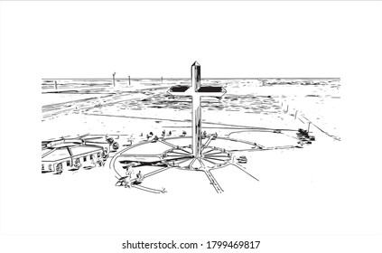 Building view with landmark of Amarillo is a city in the Texas Panhandle. Hand drawn sketch illustration in vector.