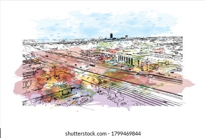 Building view with landmark of Amarillo is a city in the Texas Panhandle. Watercolor splash with hand drawn sketch illustration in vector.