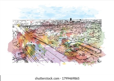 Building view with landmark of Amarillo is a city in the Texas Panhandle. Watercolor splash with hand drawn sketch illustration in vector.