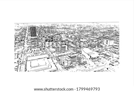 Building view with landmark of Amarillo is a city in the Texas Panhandle. Hand drawn sketch illustration in vector.