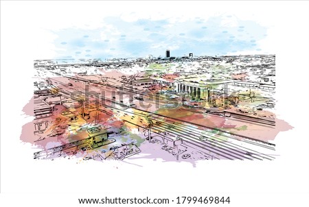 Building view with landmark of Amarillo is a city in the Texas Panhandle. Watercolor splash with hand drawn sketch illustration in vector.
