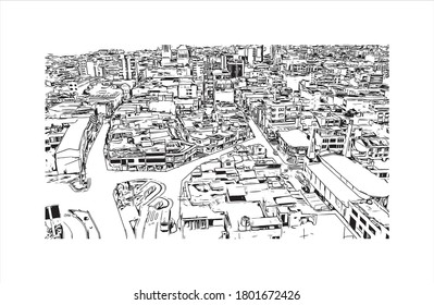 Building view with landmark of Ambato is a city located in the central Andean valley of Ecuador.  Hand drawn sketch illustration in vector.