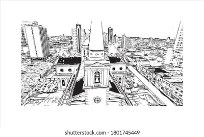 Building view with landmark of Americana is a municipality located in the Brazilian state of São Paulo. Hand drawn sketch illustration vector.