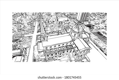 Building view with landmark of Americana is a municipality located in the Brazilian state of São Paulo. Hand drawn sketch illustration vector.