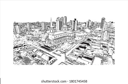 Building view with landmark of Americana is a municipality located in the Brazilian state of São Paulo. Hand drawn sketch illustration vector.