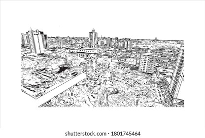 Building view with landmark of Americana is a municipality located in the Brazilian state of São Paulo. Hand drawn sketch illustration vector.