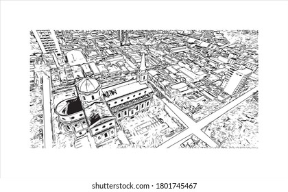 Building view with landmark of Americana is a municipality located in the Brazilian state of São Paulo. Hand drawn sketch illustration vector.