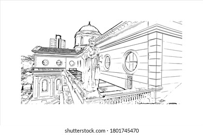 Building view with landmark of Americana is a municipality located in the Brazilian state of São Paulo. Hand drawn sketch illustration vector.