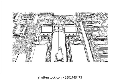 Building view with landmark of Americana is a municipality located in the Brazilian state of São Paulo. Hand drawn sketch illustration vector.