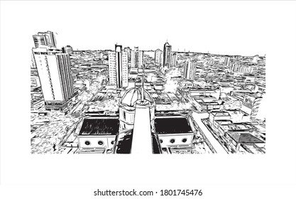 Building view with landmark of Americana is a municipality located in the Brazilian state of São Paulo. Hand drawn sketch illustration vector.