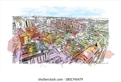 Building view with landmark of Americana is a municipality located in the Brazilian state of São Paulo. Watercolor splash with hand drawn sketch illustration vector.