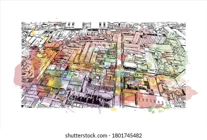 Building view with landmark of Americana is a municipality located in the Brazilian state of São Paulo. Watercolor splash with hand drawn sketch illustration vector.