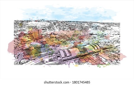 Building view with landmark of Americana is a municipality located in the Brazilian state of São Paulo. Watercolor splash with hand drawn sketch illustration vector.