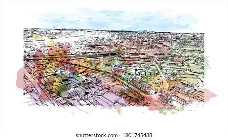 Building view with landmark of Americana is a municipality located in the Brazilian state of São Paulo. Watercolor splash with hand drawn sketch illustration vector.